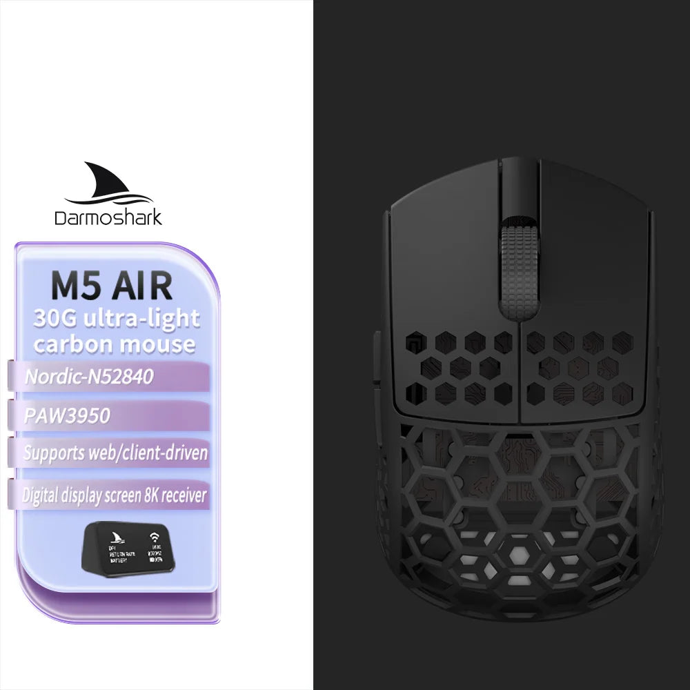 Mouse gaming wireless Darmoshark M5Air in fibra di carbonio forgiata 8K PAW3950 30K DPI per mani piccole, presa fingertip, macro di gioco, ultraleggero