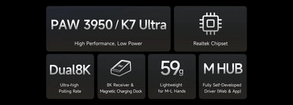 Ratón gaming inalámbrico MCHOSE K7 Ultra PAW3950 con doble tasa de sondeo 8K, base de carga inalámbrica magnética ligera, eSports y oficina