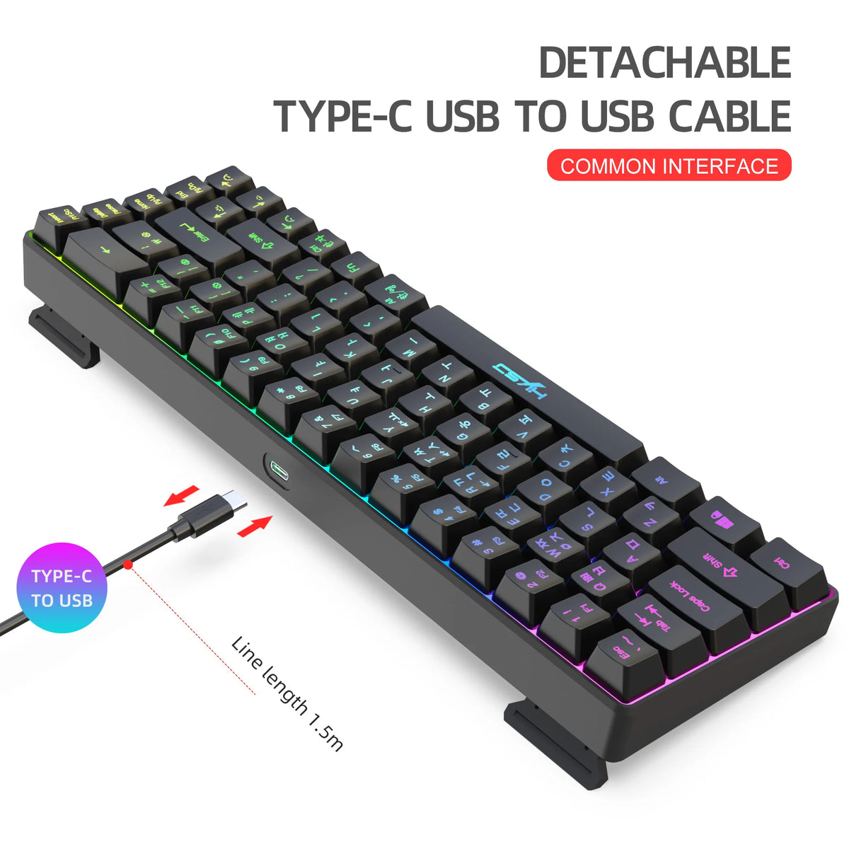 Tastiera gaming 68 tasti USB cablata portatile con retroilluminazione RGB 20, layout coreano, per laptop e computer Windows