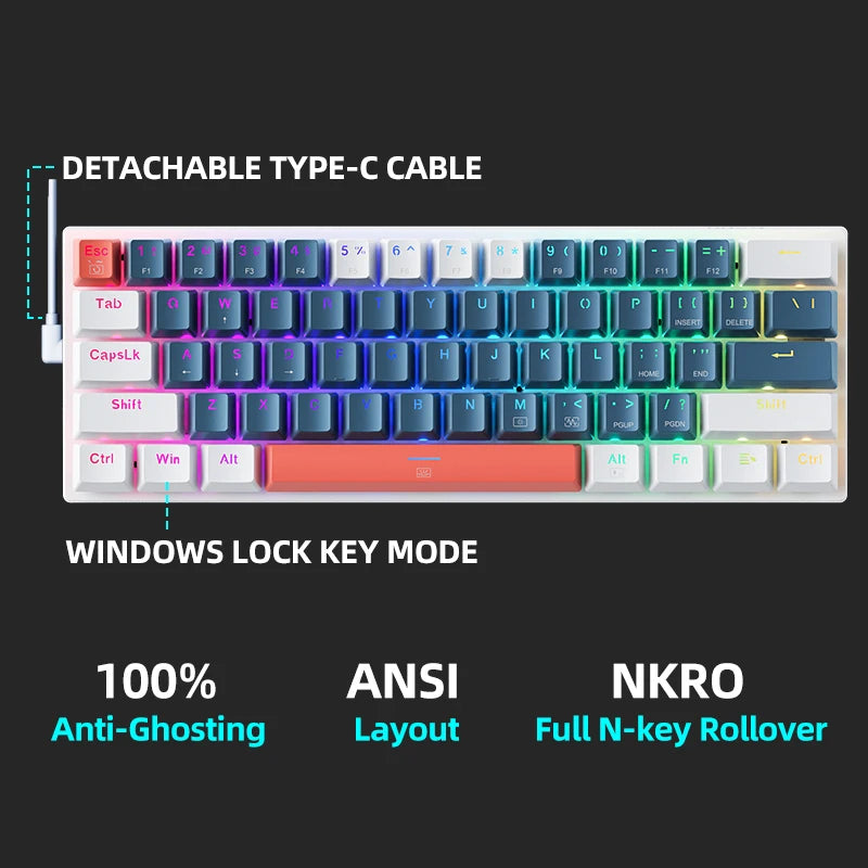 K500-B61 Machenike mini mehanička tipkovnica, format 60%, 61 tipka, gaming tipkovnica, žična, potpuno hot-swappable, RGB pozadinsko osvjetljenje