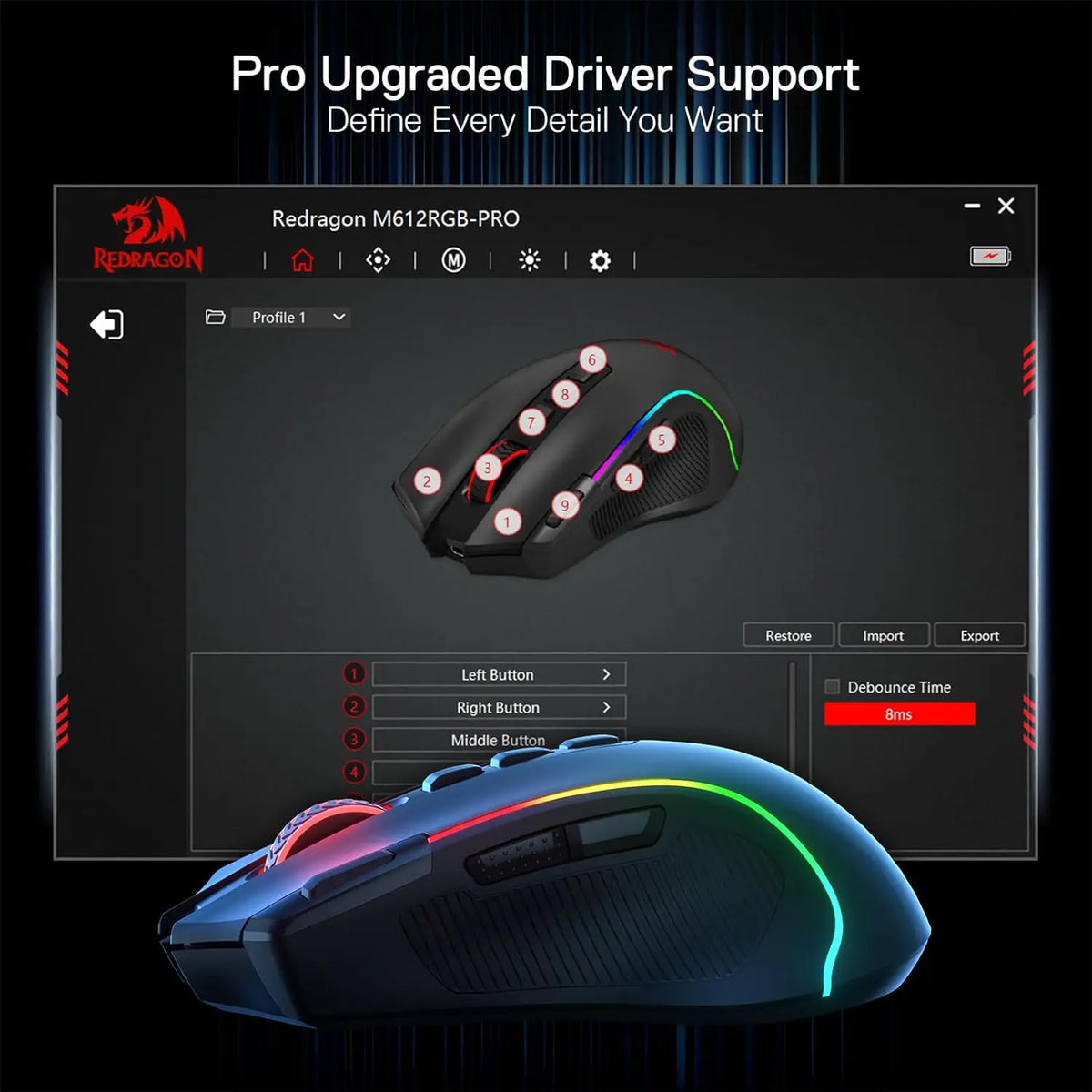 Herní myš Redragon M612 PRO BT & 2.4RGB, optická hráčská myš 8000 DPI kabelová/bezdrátová, 11 programovatelných tlačítek a 6 režimů podsvícení