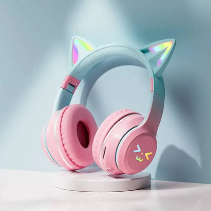 RGB Cat Ear Bluetooth Headphones Wireless Gaming Headset with Microphone, Cute LED Light Stereo Music Headphones for Kids Girls Gifts