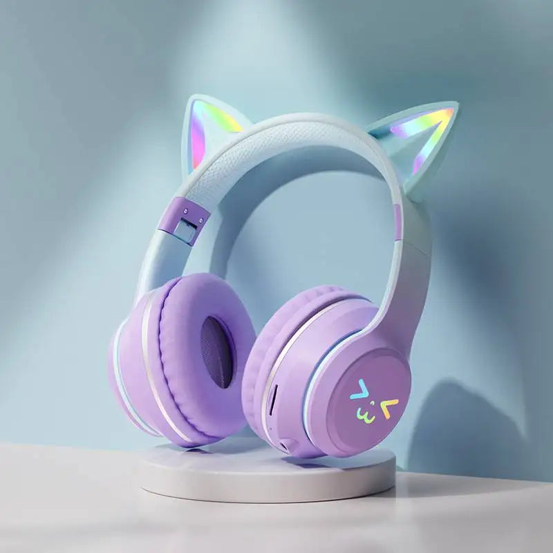 RGB Cat Ear Bluetooth Headphones Wireless Gaming Headset with Microphone, Cute LED Light Stereo Music Headphones for Kids Girls Gifts