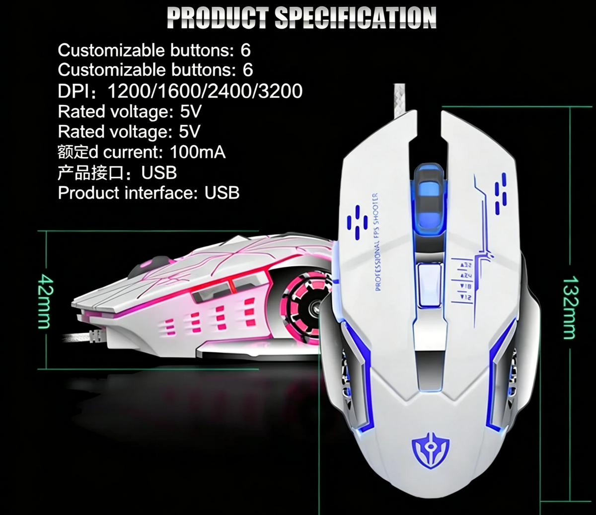 Mouse RGB dual-mode cablato e wireless 2.4G, mouse gaming ricaricabile silenzioso, mouse regolabile 3600 DPI per laptop