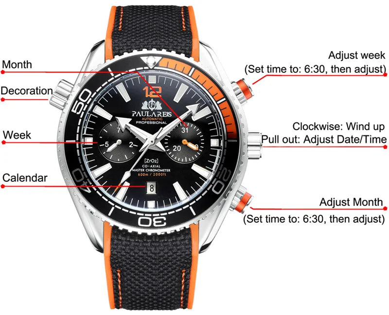 PAULAREIS P Luxury Men Automatic Self Wind Mechanical Watch for Men Rubber Strap Waterproof Luminous Date Fashion Mens Watches