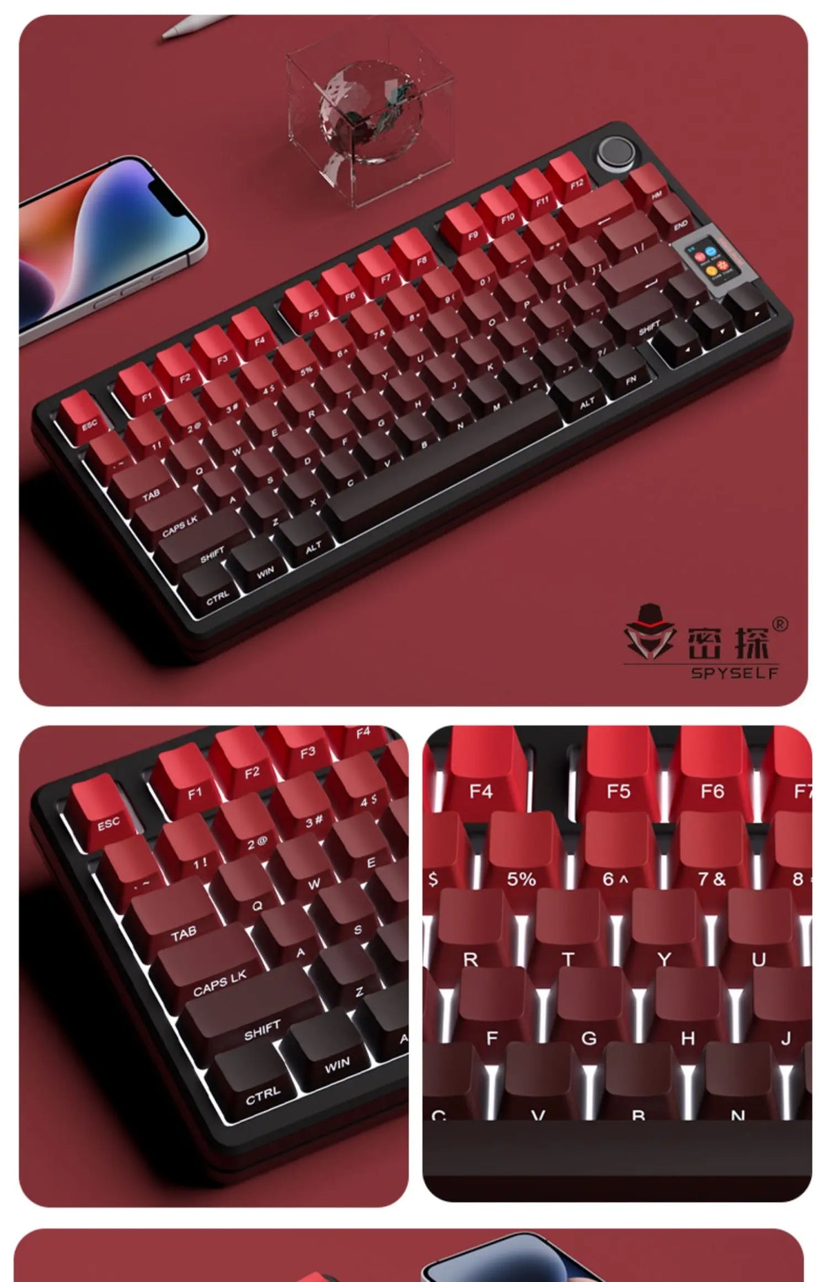 OEM PBT Side Engraved Keycaps for Mechanical Keyboard, 136-Key Red & Black Gradient Keycaps for MX Switch 60/64/84/98/108 Gaming Mechanical Keyboard