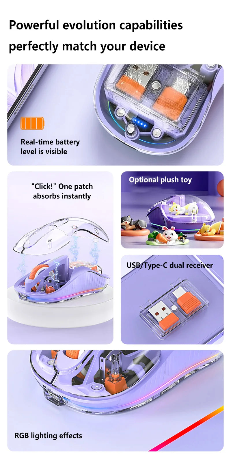Lenovo Transparent Wireless Mouse Tri-Mode Bluetooth 2.4G Rechargeable RGB Breathing Light Mouse for Laptop PC Office