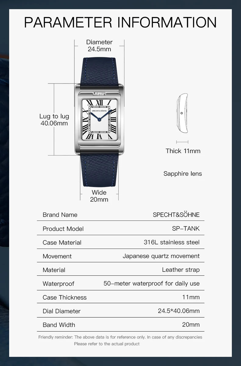 2025 New Specht & Söhne Double Face Square Watch For Men Sports Watches Overturn Stainless Steel Sapphire Crystal 50M Waterproof