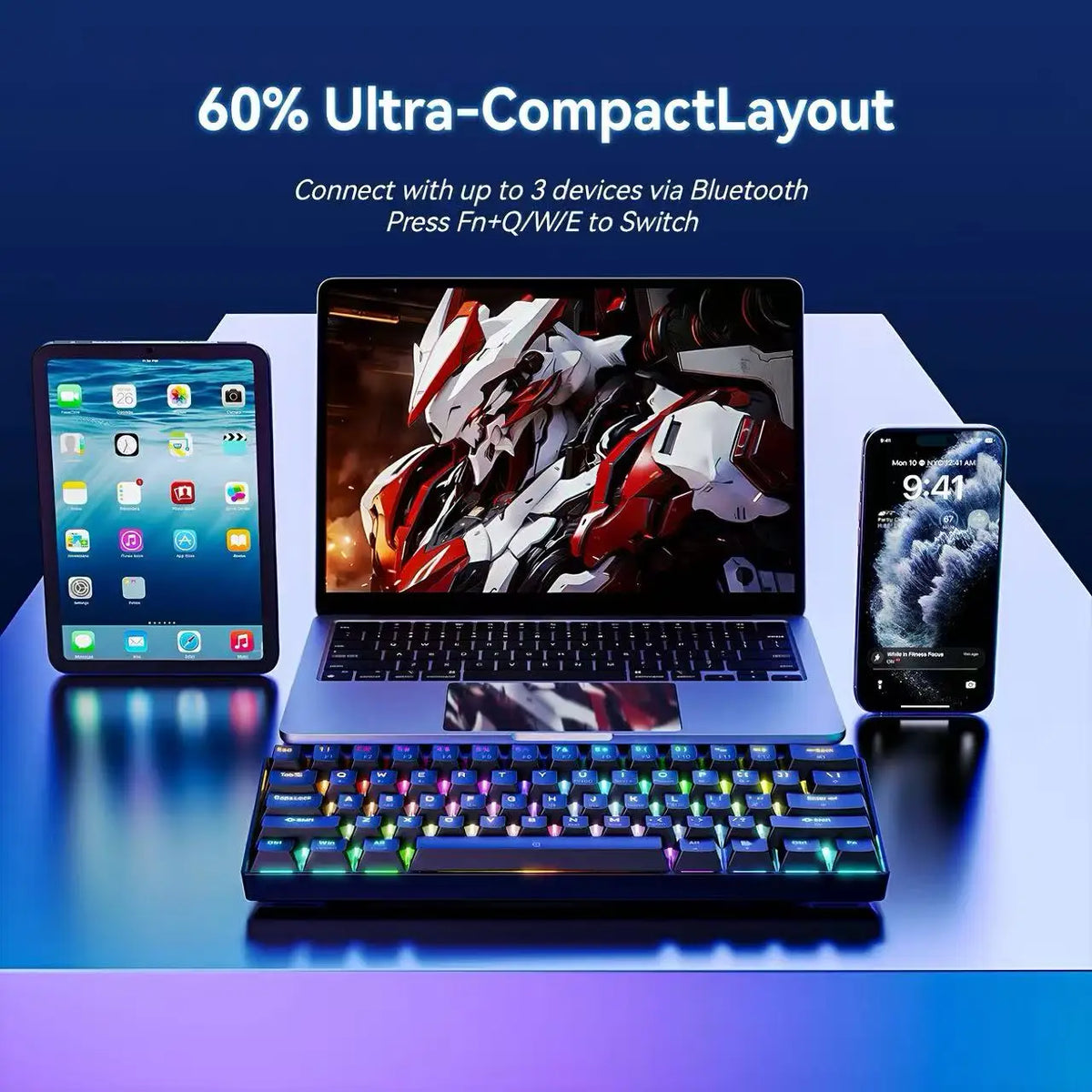 RGB Backlit 61 Keys Mechanical Keyboard Tri-Mode BT Wireless Waterproof Dustproof Portable Gaming Keyboard for Esports Gamer
