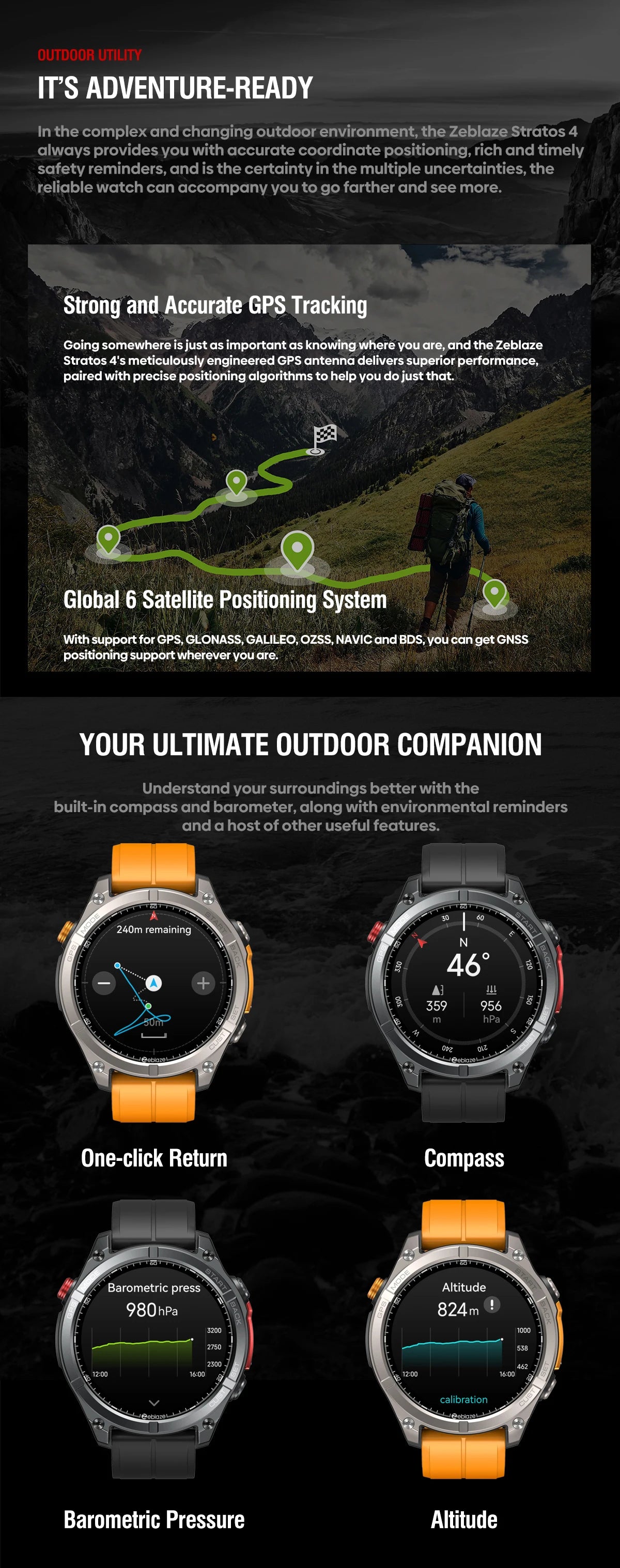 Relógio inteligente Zeblaze Stratos 4 com GPS, ecrã AMOLED de 1,43 polegadas, bússola integrada, altímetro barométrico, lanterna e chamadas de voz