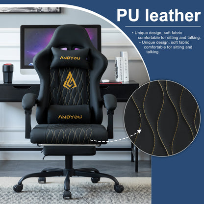 Andyou Ergonomic Gaming Chair with Reclining PU Leather Seat, Swivel Computer Gaming Chair with Adjustable Height, Lumbar Support & Footrest Design