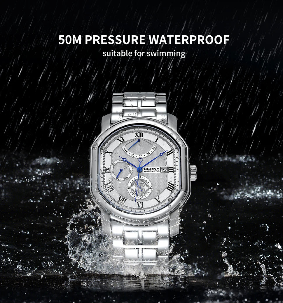 BERNY Men Mechanical Watch Top Accuracy Move Automatic Wristwatch Luxury Male Clock Sapphire Self-Winding Men's Watch Waterproof