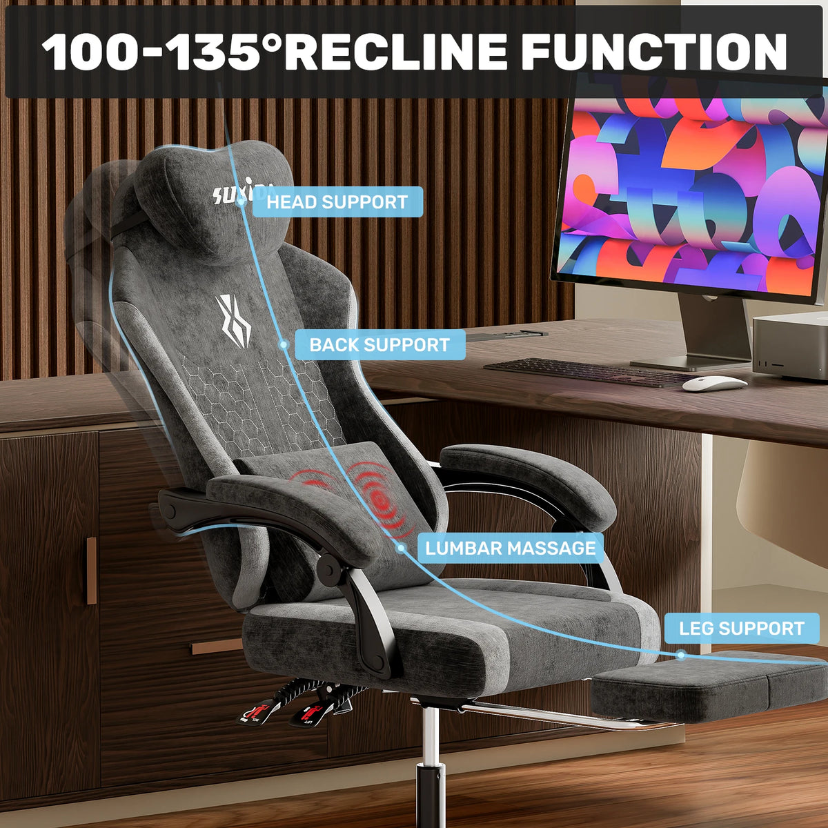 SUKIDA Ergonomic Gaming Chair Breathable Fabric Office Chair with Lumbar Support, Adjustable Height PC Gaming Chair, Comfortable Executive Desk Chair
