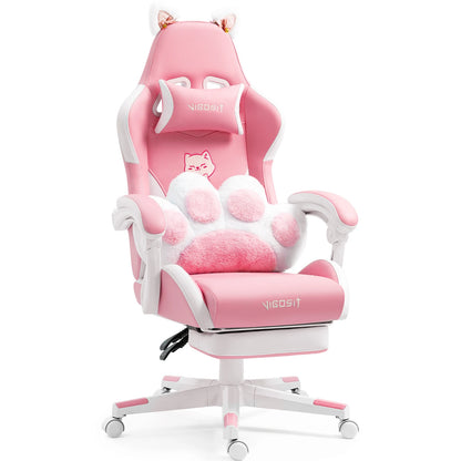 VIGOSIT Gaming Chair with Cute Cat Ears, Ergonomic Computer Gaming Chair for Girls, Kawaii Pillow, Lumbar Support, Adjustable Reclining Gamer Chair