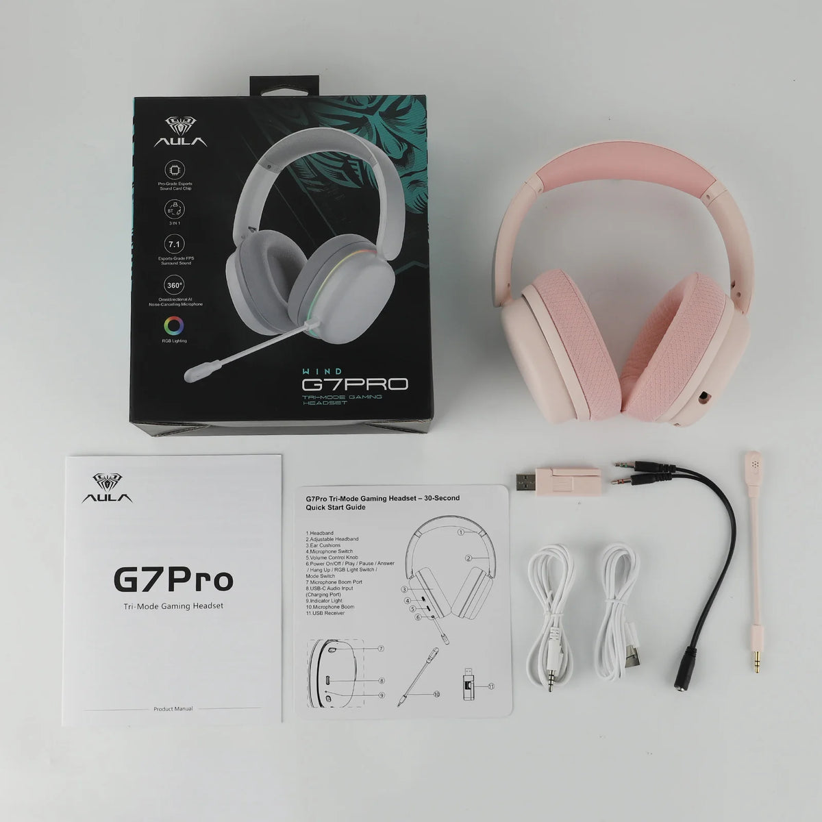 Auriculares gaming AULA G7 Pro con sonido envolvente 7.1, Bluetooth 5.3 inalámbrico y micrófono con cancelación de ruido para PS5/PS4/PC/Switch