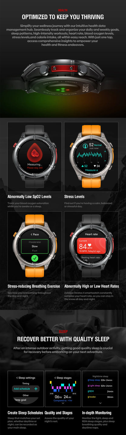 Relógio inteligente Zeblaze Stratos 4 com GPS, ecrã AMOLED de 1,43 polegadas, bússola integrada, altímetro barométrico, lanterna e chamadas de voz