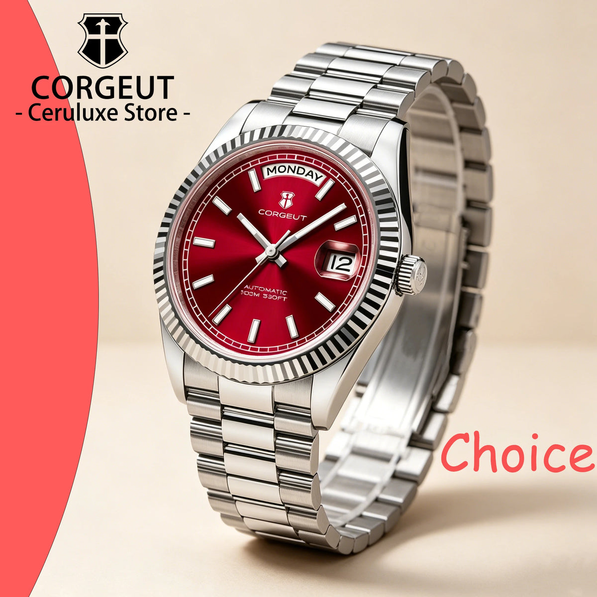CORGEUT NH36 Mechanical Men's Watch Date of the Week Show President Chain Strap Steel Case Watch Threaded Arc Bezel waterp