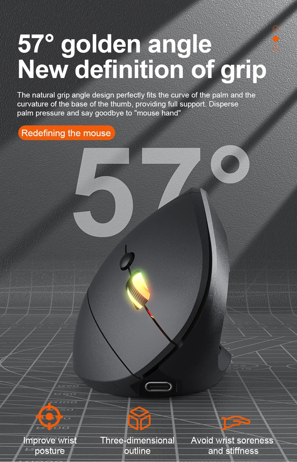 Mouse verticale wireless Bluetooth 2.4G ricaricabile ergonomico 1600DPI regolabile da gaming 6 pulsanti per laptop PC computer