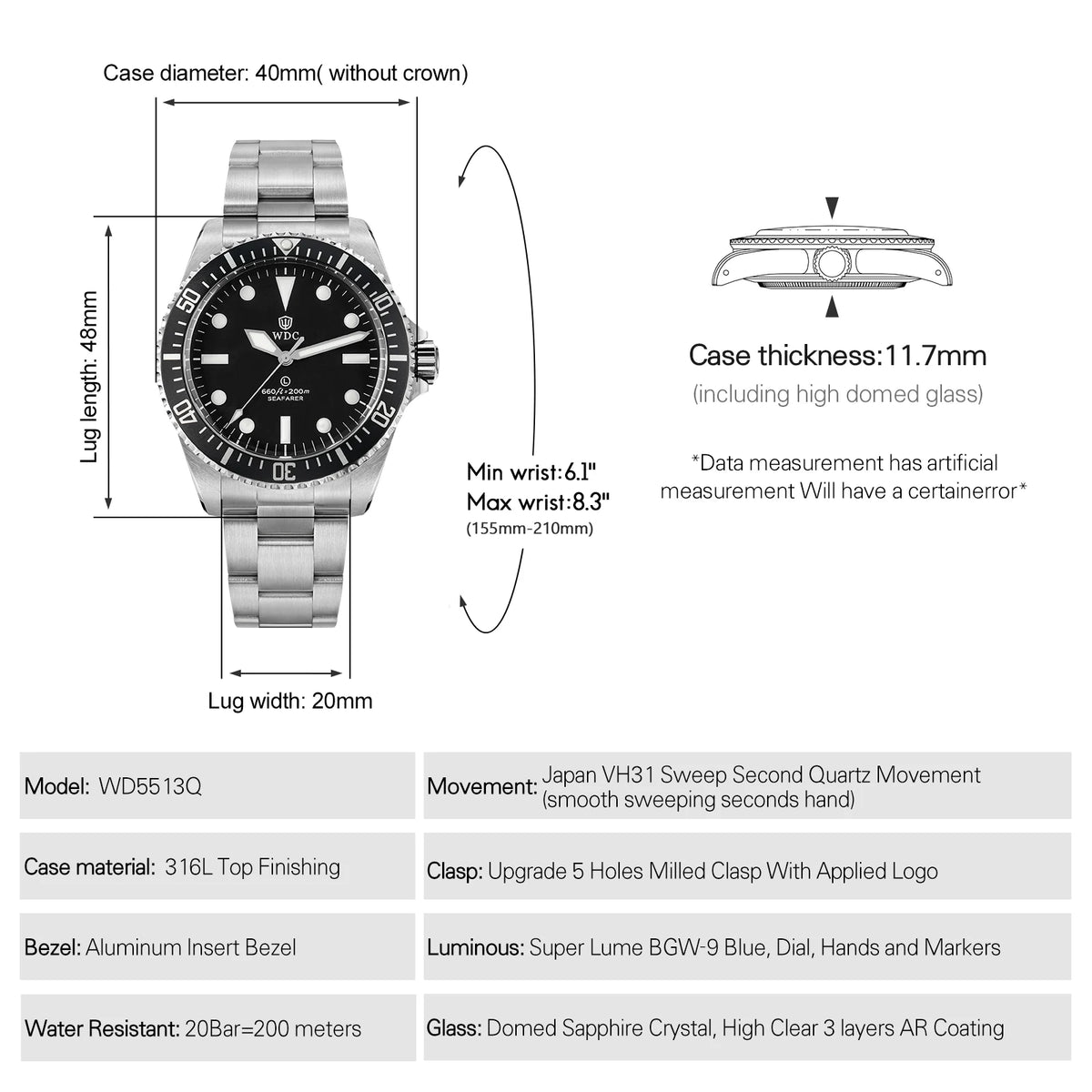 Watchdives WD5513Q Watch VH31 Sweep Second Movement Stainless Steel Sapphire Crystal Business Wristwatch Vintage Watches
