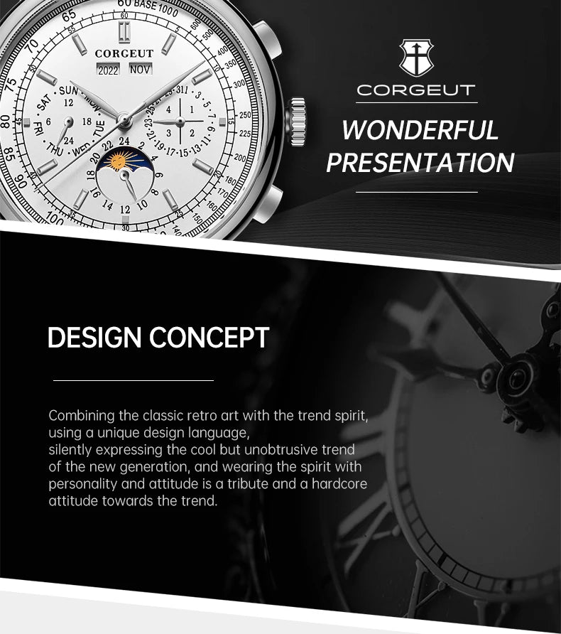 CORGEUT Automatic Mechanical Luxury Watches For Man Business Multification Date Day Month Year 316L Mechanical Men's Watches