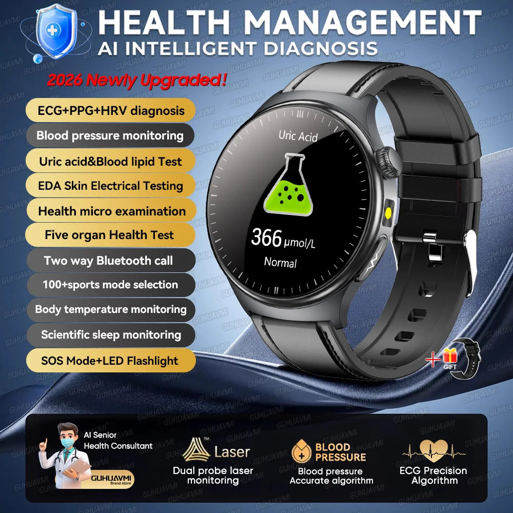 2026 AI Health Smartwatch ECG + PPG, Blood Pressure, Uric Acid & Body Fat Monitoring, AMOLED Display & Bluetooth Calling