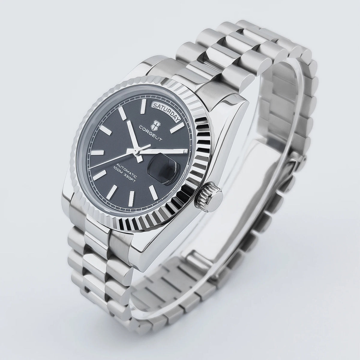 CORGEUT NH36 Mechanical Men's Watch Date of the Week Show President Chain Strap Steel Case Watch Threaded Arc Bezel waterp