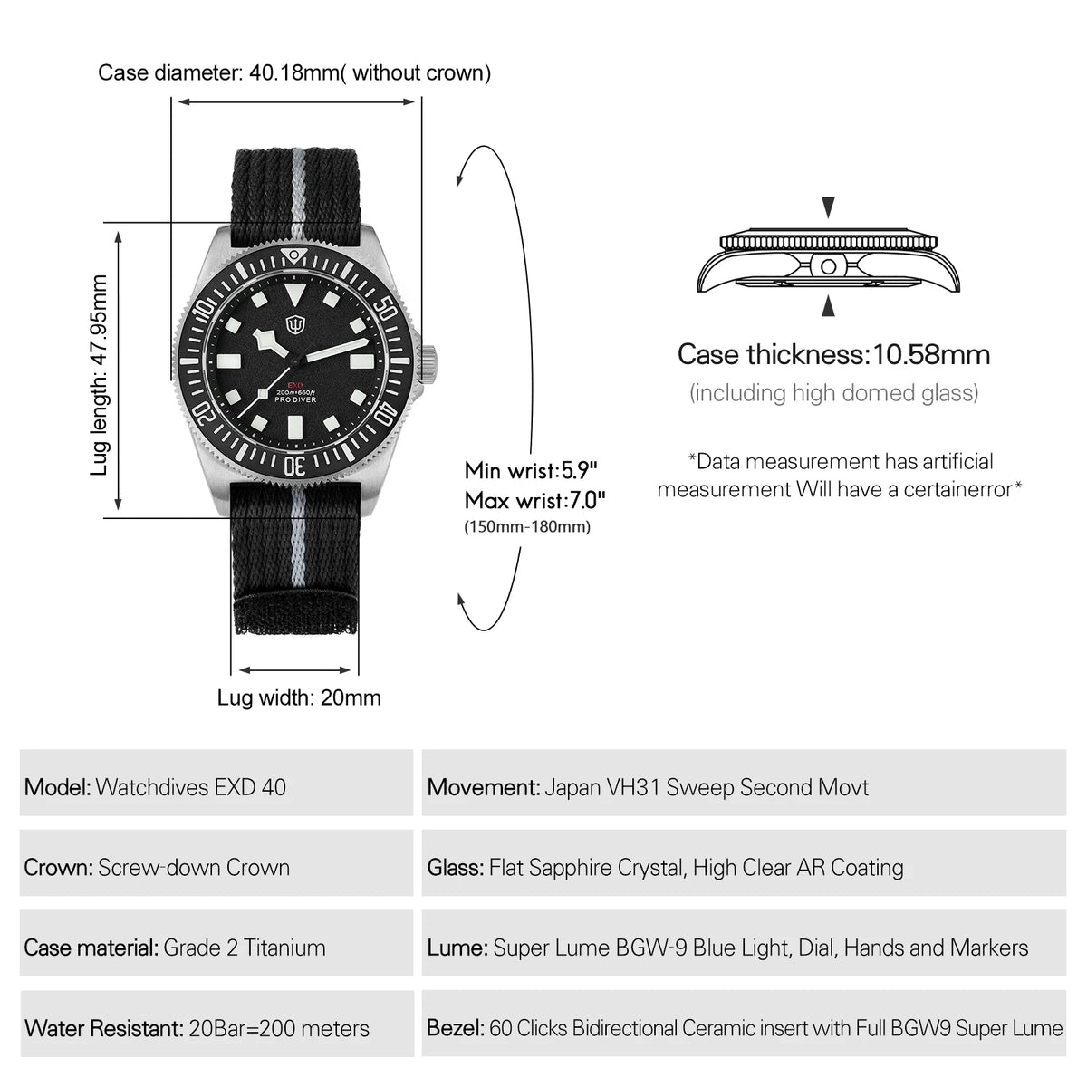 Watchdives EXD 40Mm Titanium Dive Watch Man VH31 Sweep Quartz Watches 200 Waterproof Ar Sapphire BGW9 Luminous 316L Wristwatch