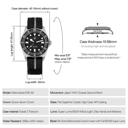 Watchdives EXD 40Mm Titanium Dive Watch Man VH31 Sweep Quartz Watches 200 Waterproof Ar Sapphire BGW9 Luminous 316L Wristwatch