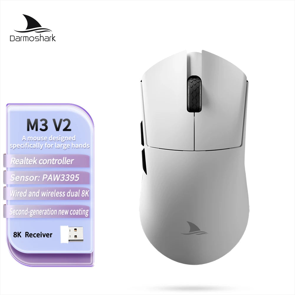 Ratón gaming Darmoshark M3 V2 Double 8K inalámbrico trimodo 26KDPI con sensor PAW3395, ratón macro para manos grandes para ordenador portátil y PC