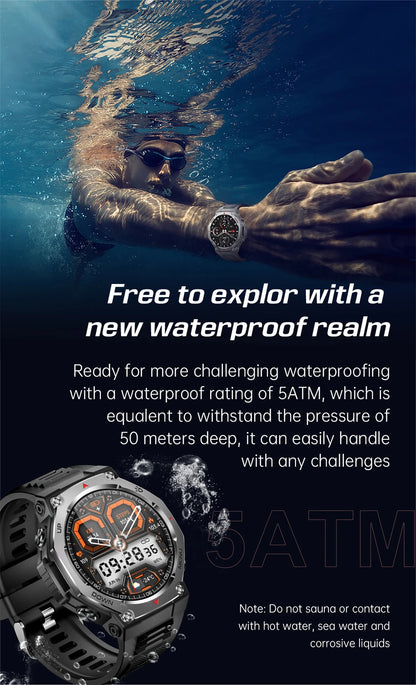 T-Rex 3 Military Smartwatch for Men  GPS Sports Tracker, 5ATM Waterproof, Heart Rate Monitor & Bluetooth Calling
