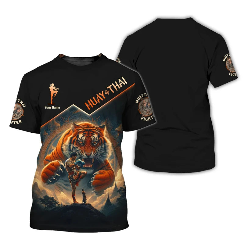 Stylové nové pánské tričko s grafikou Muay Thai, 3D potiskem tygra a draka, personalizovaným jménem a výrazným designem, letní tričko na gym a fitness