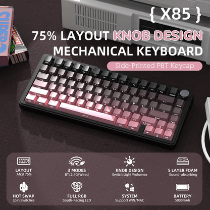 ATTACK SHARK X85 Tri-Mode Mechanical Keyboard 75% Gasket Keyboard with CNC Knob, Hot Swappable RGB Wireless Gaming Keyboard for PC, Mac & Laptop