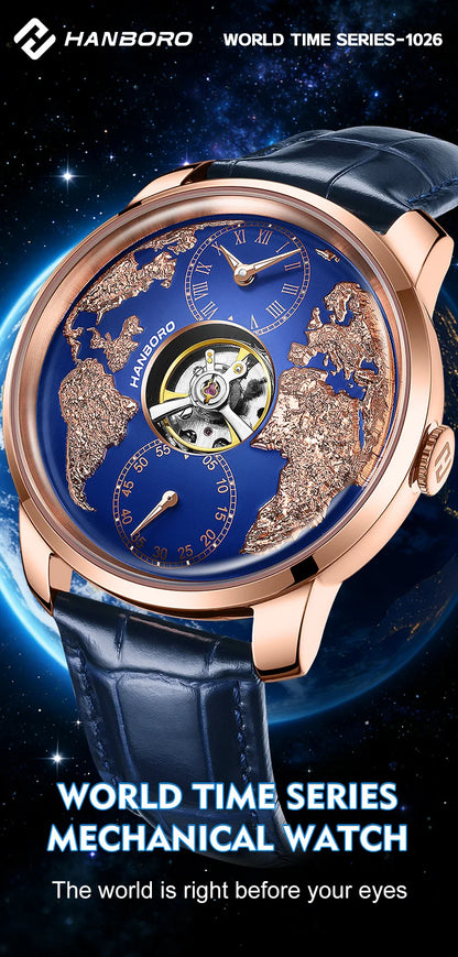 HANBORO World Time Series Men's Fully Automatic Mechanical Watch with Hollow Flywheel World Earth Personality Watch 1026