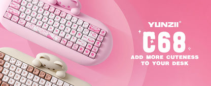 YUNZII C68 Pink 65% Hi-Fi Cute Cat Silicone Hot Swap NKRO  Ergonomic Wireless BT5.0/2.4G/Wired RGB Mechanical Gaming Keyboard