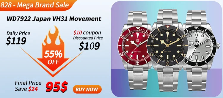 Watchdives WD7922 Quartz Watch Men VH31 Movement Sapphire Crystal 200m Waterproof Wristwatch Luminous 37mm Vintage BB54 Watches