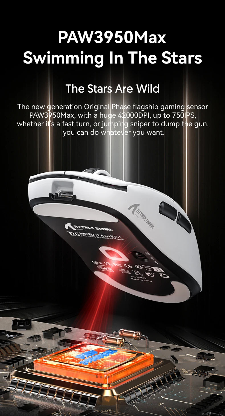 Mouse gaming wireless ATTACK SHARK R6 PAW3950MAX, polling 8Khz, ultraleggero 39g, MCU Nordic 52840, microswitch ottici Omron