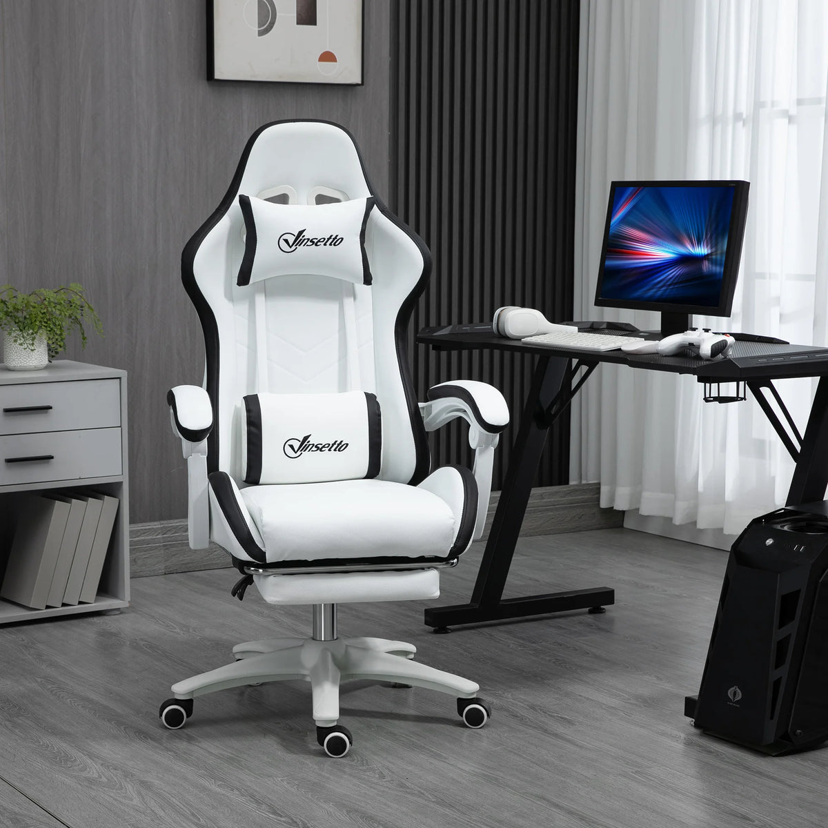 Vinsetto PU Leather Gaming Chair with Footrest, Adjustable Height Reclining Office Chair with Headrest & Lumbar Support