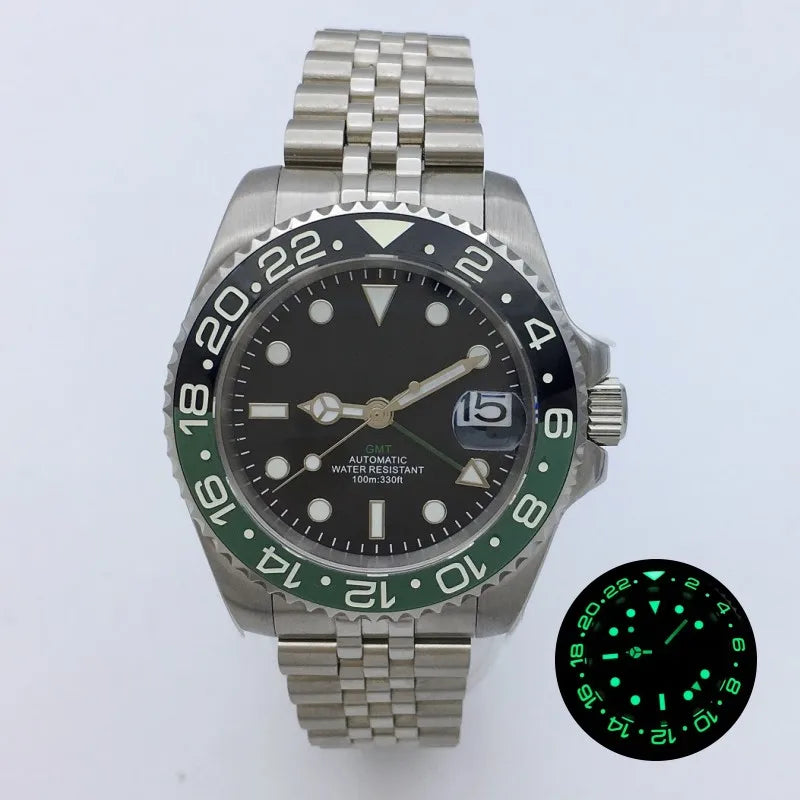 BLIGER 40mm NH34 GMT Watch For Men Mechanical Wristwatch Luminous Bezel Sapphire Glass Stainless Steel Bracelet Reloj Hombre