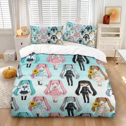Conjunto de capa de edredão estilo chibi Hatsune Miku, roupa de cama anime adorável com fronhas, decoração para quarto gaming de adolescentes e crianças, presente para fãs