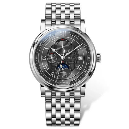 BORMAN BM3868 Novos relógios de pulso automáticos mecânicos de luxo para homem, 40 mm, com vidro de safira, multifunções, à prova de água e com fase lunar