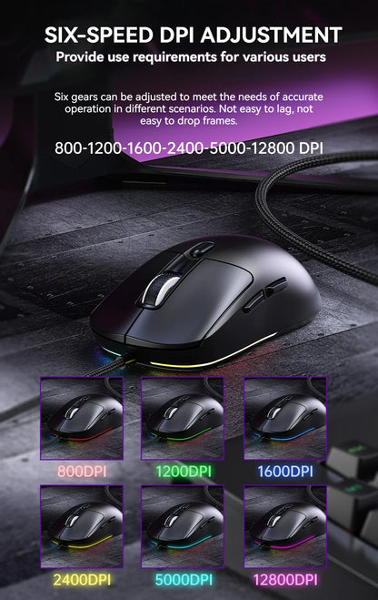 Ratón gaming con cable, 6 niveles de DPI ajustables hasta 12800DPI, chip A825 instantáneo, RGB, programación de macros, diseño ergonómico, ratón universal