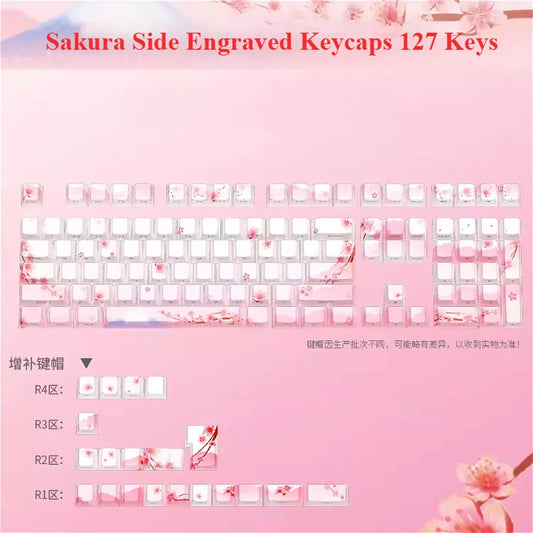 Conjunto de Keycaps Sakura Pink com Gravação Lateral em PBT Translúcido, 127 Teclas para Teclados Mecânicos MX Switch 60/84/90/104/108