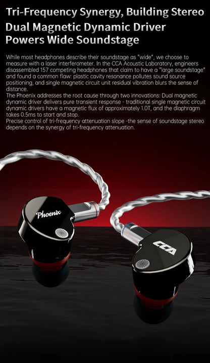 CCA Phoenix HiFi Earphones Dynamic Drive LCP Diaphragm Earphones Noise Cancelling Replaceable 2PIN Cable Gaming Wired Earphone