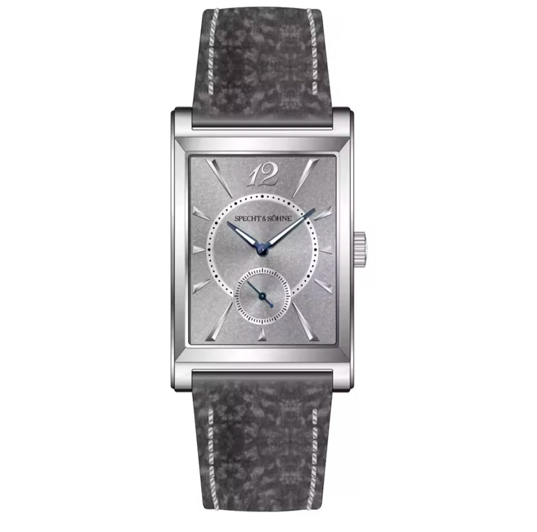 2026 Specht&Söhne Ultra Thin 7.5mm Rectangular Watch Japan Quartz Movt Small Seconds Sandblasted Dial Grey Leather Strap Watch
