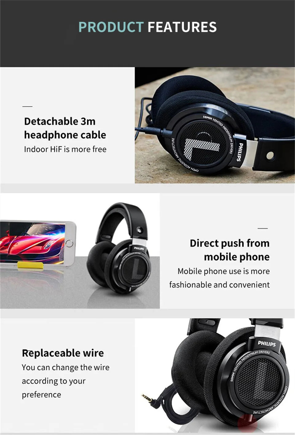 Philips SHP9500 HiFi Stereo Wired Headphones – Professional Open-Back Over-Ear Headset for Music, Gaming, Mobile & PC – High Precision Sound, 50mm Drivers, Crystal Clear Audio Performance