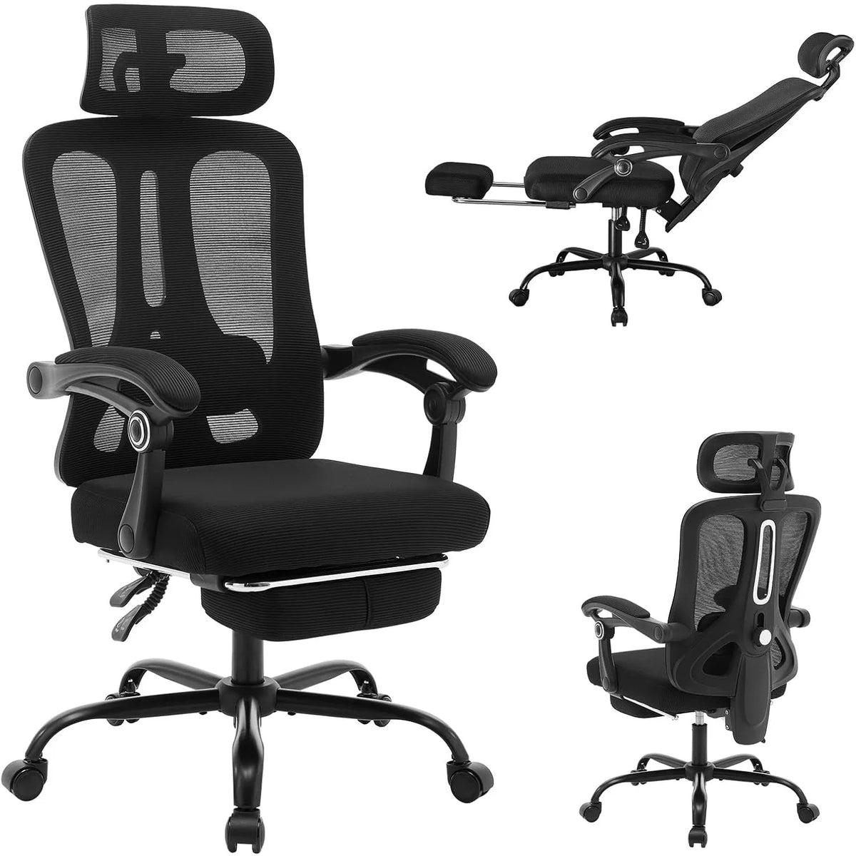 Ergonomic Office Chair with Adjustable Lumbar Support & Footrest, High-Back Mesh Gaming Chair, Reclining Home Office Desk Chair with Tilt Mechanism