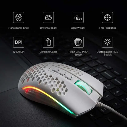 Redragon M808 Storm Lightweight RGB Gaming Mouse, Wired USB Gaming Mouse with 12,400 DPI Optical Sensor, 7 Programmable Buttons, Honeycomb Esports Mouse