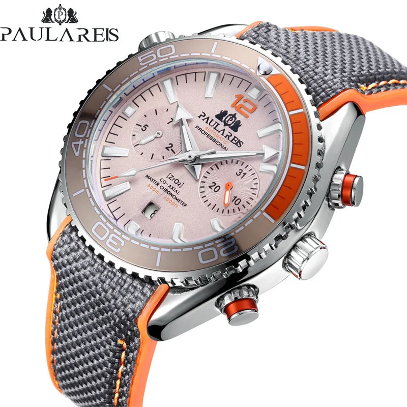 PAULAREIS P Luxury Men Automatic Self Wind Mechanical Watch for Men Rubber Strap Waterproof Luminous Date Fashion Mens Watches