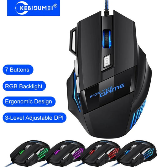 Ratón gaming con cable KEBIDUMEI, 7 botones, retroiluminación RGB, ratón USB ergonómico, 2400 DPI, 3 niveles de DPI, para PC, portátil, Windows y Mac OS