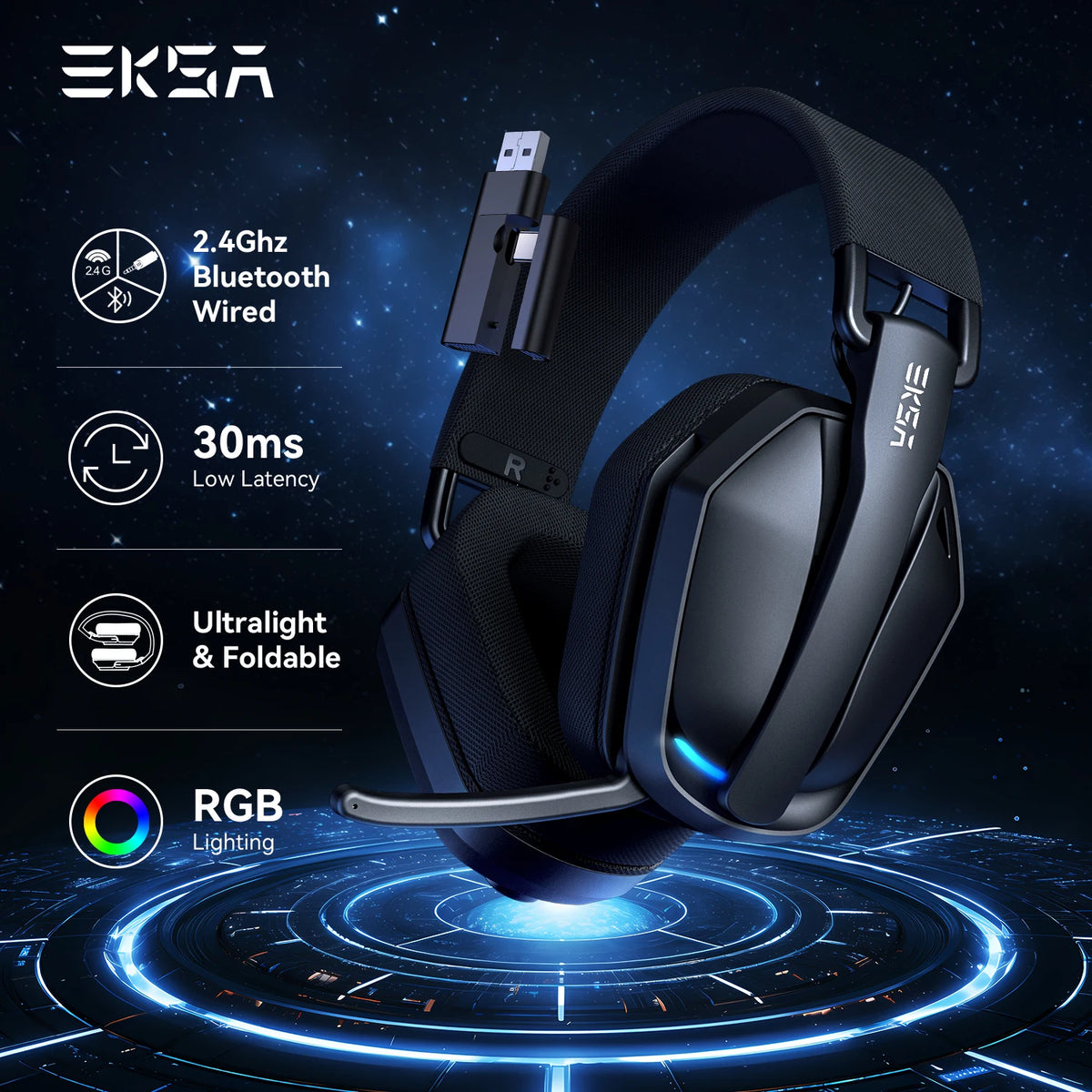 Auscultadores Gaming Sem Fios Tri-Mode EKSA G19BT – Bluetooth 5.4, Auscultadores Gaming 2.4GHz de Baixa Latência com Microfone para PC, PS5, Xbox
